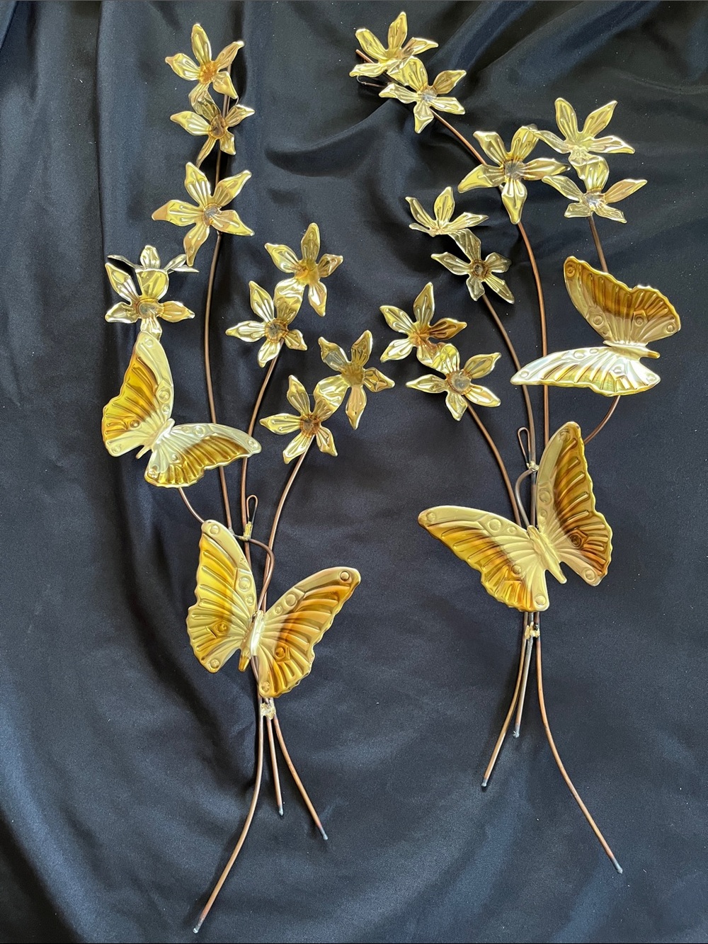 Vtg Metal Brass Butterfly Flower Wall Art Hanging Decor Set of 2 MCM Gold Tone
